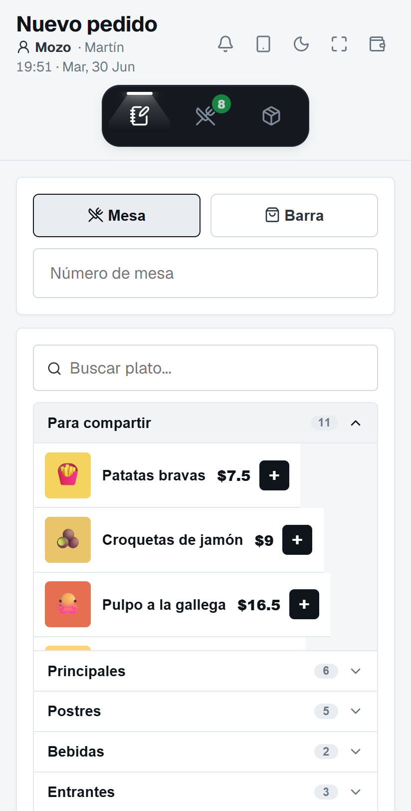 App del mozo de ronda. en el celular: tomar un pedido por mesa o barra
